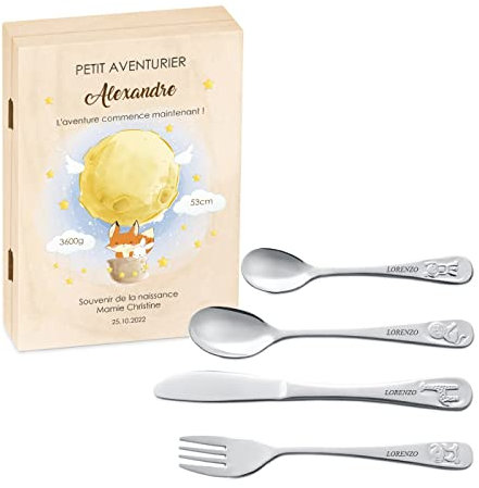 Maverton Set de couverts enfant personnalisé pour garçon - Coutellerie dans coffret imprimé - Cadeau Enfant Thème Animal - Cadeau naissance garcon - Cadeau Personnalisé bébé - Couverts gravés