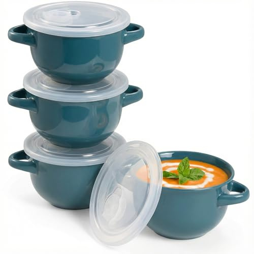 KooK Tazones de sopa, cuencos de sopa de cebolla francesa, platos de sopa, cuencos aptos para horno, tazas de sopa, cuencos de cerámica, lavavajillas, microondas, juego de 4, 18 onzas (verde azulado)