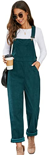 Flygo Corduroy Overalls for Women Loose Fit Adjustable Straps Long Bib Pants Wide Leg Jumpsuits with Pockets, Green, Medium
