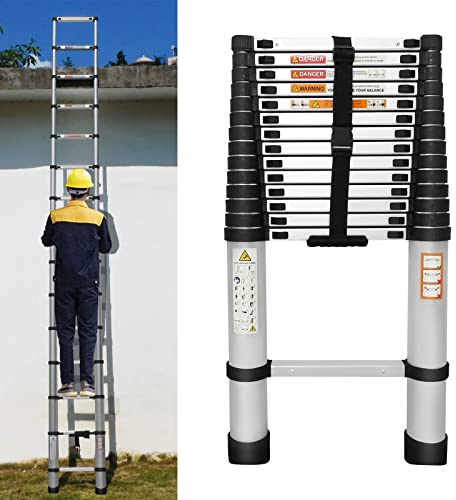 14.5FT Portable Multi-Purpose Aluminium Telescopic Ladder, 4.4M Retractable Collapse Ladder Extension Climb Sturdy Step 330lbs Max Load, with Anti-Slip Rubber Feet
