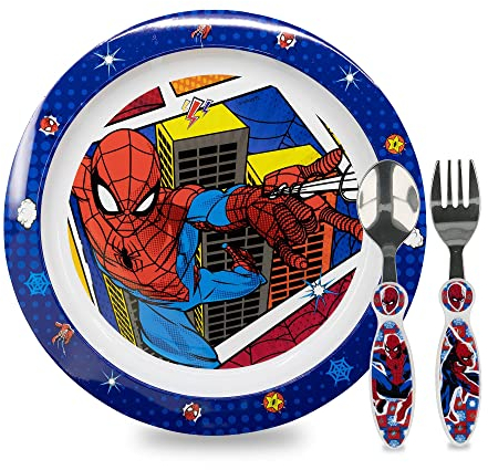 Sorrisini Vajilla Infantil Reutilizable Apta Para Microondas Para Niños y Bebés, Juego de Desayuno para la Primera Comida Cubiertos, Tenedor, Cuchara de Acero Inoxidable y Plato, sin BPA, Spiderman