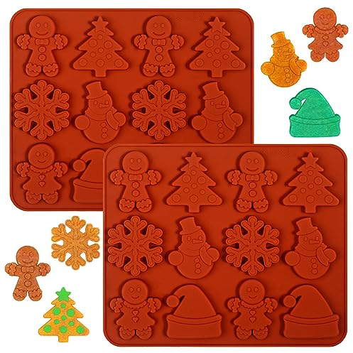Kamehame Stampi per biscotti natalizi in silicone, 2 pezzi, 12 cavità, omino di pan di zenzero, albero di Natale, pupazzo di neve, antiaderente, per biscotti di Natale, caramelle, gelatine, cioccolato