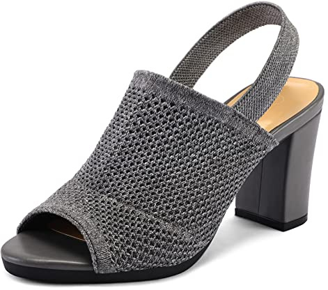 mysoft Women's Knit Chunky Block High Heels Elastic Slingback Open Toe 3 Inch Heeled Sandals,Grey,8.5 W US