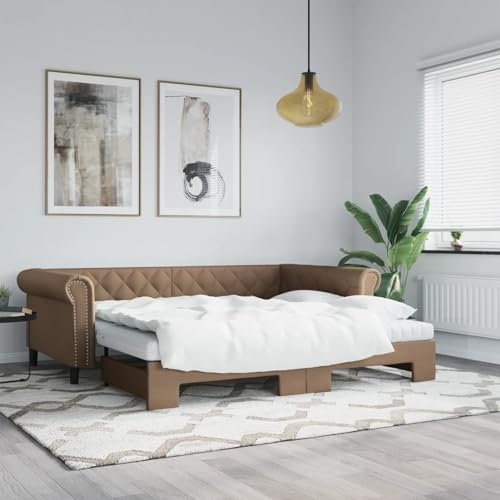 Homgoday Tagesbett Ausziehbar mit Matratzen Schlafbett Schlafsofa Ausziehbett Sofabett Bettsofa Loungesofa Ausziehsofa Schlafcouch Sofa Couch Gästebett für Wohnzimmer Braun 90x200 cm Kunstleder