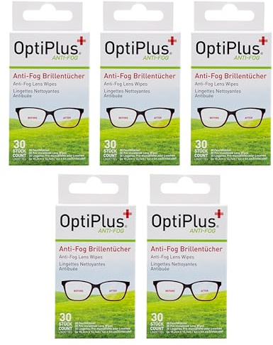 OptiPlus Anti-Fog Reinigungstücher, 150 Stück | Feuchttücher gegen beschlagende Brillengläser beim Wechsel von Kälte in Wärme, einzeln verpackt, für Brillen und Skibrillen