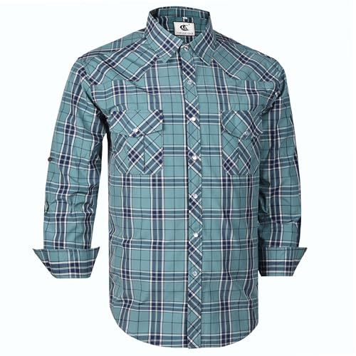 Dctop herrskjorta långärmad tryckknappar enfärgad rutig kostym normal passform fritidsskjorta män lätt att stryka affärsskjorta, Beryllgrön rutig #40, 3XL