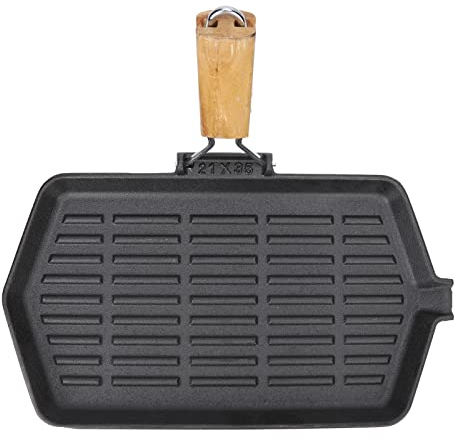 Padella, Griglia in Ferro Antiaderente Bistecca Riscaldante Uniforme con Manico in Legno Fuso 21x35 Pieghevole Portatile per Uso Domestico