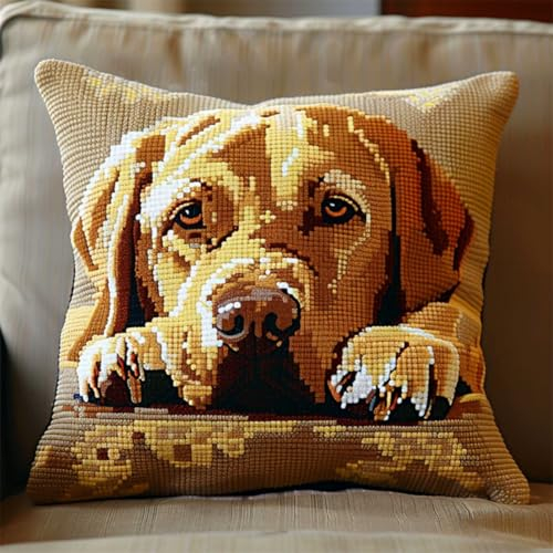 RKFLGEW DIY-Knüpfkissen-Set Labrador Retriever Cartoon-Hund Bezug 43x43cm, Bastelkit für Kinder und Erwachsene, nicht zusammenklappbar