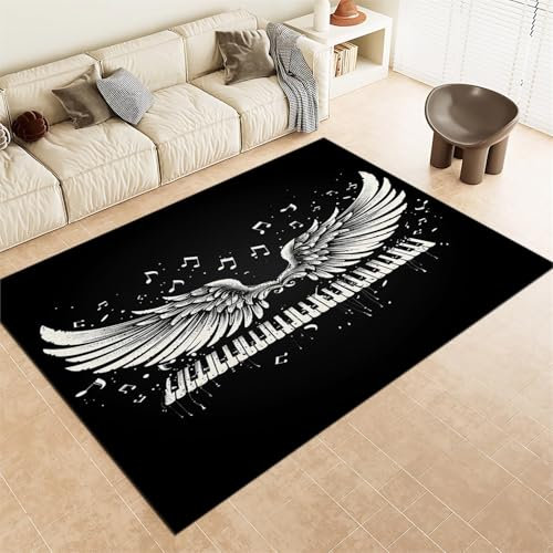 Teppich Kinderzimmer, Teppiche rutschfest Waschbar 180x240cm Musik FlüGel Klavier Teppiche Flanell Kurzflor Schmücken - Schwarz Teppich für Schlafzimmer Wohnzimmer