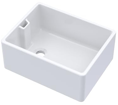 Balterley 595mm Belfast Kitchen Sink Single Bowl with Built-in Weir Style Overflow, Durable Belfast Fireclay White Ceramic Kitchen Sink Bowl, Reversible Farmhouse Sinks - 595 x 455 x 261mm (White)