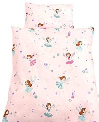 Bettwäsche für Puppenbett Loreley, 2teiliges Set für Puppewagen, Puppenwiege oder Puppentrage, Baumwolle, bunte Elfen-Motive.