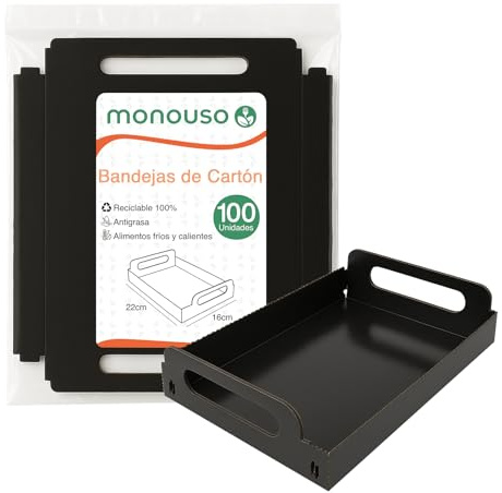 Monouso | 100 Bandejas de Cartón Rectangular con Asas, 16x23cm, Color Negro, Bandeja para Aperitivos, Canapés, Compostables, Reciclable, Ecológica