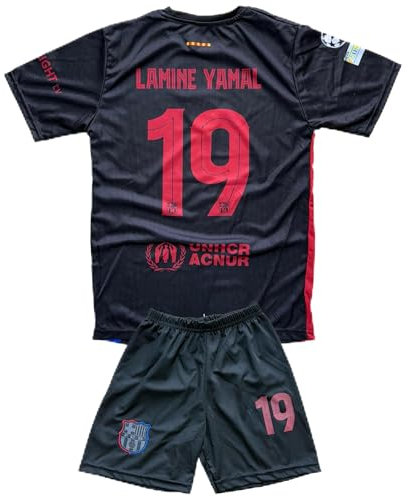 Lamine Yamal Maglia da calcio per bambini n. 19, set completo da calcio Barca con maglietta, pantaloncini, calzini, parastinchi e accessori, maglietta Barcellona per allenamento e tempo libero, rosso