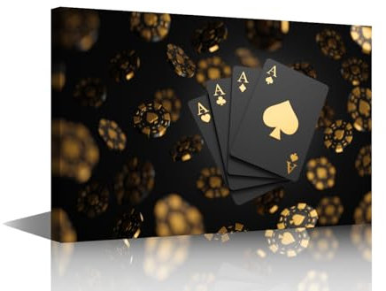 TISHIRON Casino Game Pictures Gambling Chips Posters and Prints 1 Panel Framed Wall Art Black and Gold Style Artwork for Home Wall Decoration Gallery-Wrapped Ready to Hang, 18 Wx12 H