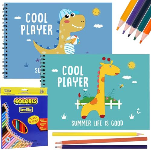 RNHDLY 2 Stück Skizzenbuch A4 Kinder, Zeichenblock Kinder mit Spiralbindung 100 g/m² Malpapier Kinder mit 24 Buntstifte zum Zeichnen Kritzeln Schreiben Skizzieren(60 Seiten/30 Blatt)