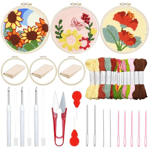 Woohome 3 Stück Punch Needle Anfänger Stickerei Set, Punch Needle Stoff mit Muster, Stickrahmen, Fäden, Anleitung für Kunsthandwerk (Sonnenblumen, Schmetterlinge und Blumen)