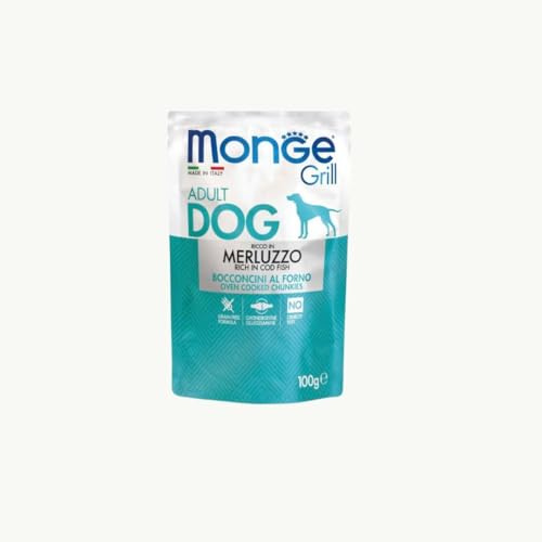 Monge grill Cane, alimento completo per cani adulti, bocconi al forno gusto MERLUZZO 100gr | Promo 10 bustine da 100gr + 2 OMAGGIO.