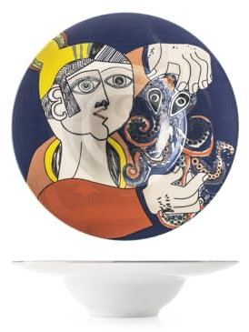H&H - Set di 6 Piatti Pasta - Pablo - in Stoneware Decorato - Piatti Eleganti da 28 cm, Lavabili in Lavastoviglie e Microonde - Design Ispirato a Pablo Picasso