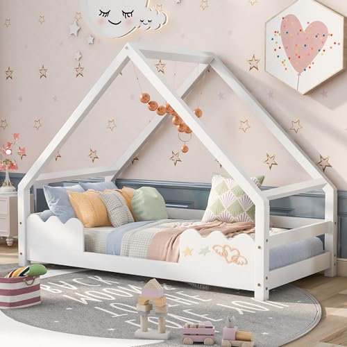 MURUL Hausbett Kinderbett mit Rausfallschutz Spielbett Jugendbett Massivholz in 90×200cm Weiß