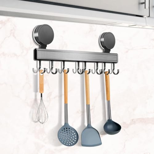 Nilioyul Hakenleiste Küche Ohne Bohren Küchen Organizer 40cm Küchenhalterung mit Saugnapf Hakenleiste Selbstklebend Wand-Montiert Utensil,8 Haken,20 kg Tragfähigkeit für Küche Badezimmer Schlafzimmer