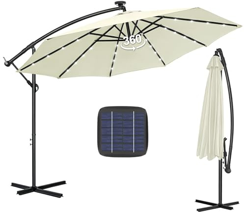 Sonnenschirm 3m Abdeckung Ø 300 cm, Gartenschirm mit Kurbel, UV-Schutz 40+, Windfest, Drehbar 360°, Kurbelschirm für Garten-Terrasse-Balkon, Extra Sichtbarkeit bei Nacht, Langlebig & Praktisch, Beige