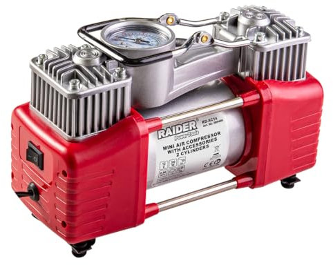 Compresor de Aire Portátil 12V 300W – 70L/min Doble Pistón con Manómetro, Conexión Mechero y Pinzas de Batería, Incluye Estuche con Accesorios – Para Coche, Moto y Furgoneta