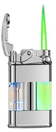 DGHNBMGNG Encendedor de Metal Resistente al Viento, con Forma de balancín, con Llama Ajustable, con Forma de antorcha y Llama Verde, navideño (butano no Incluido).(Silver)