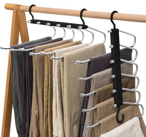 GOEDCH Grucce per Pantaloni Salvaspazio: Confezione da 2 Grucce 6 in 1 in Acciaio Inossidabile, Grucce Multifunzionali Pieghevoli ed Estensibili, Grucce Magiche Antiscivolo Nere per Jeans