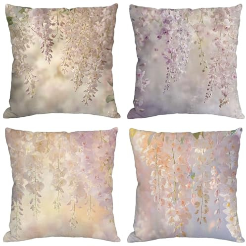 Lilas Coussin Exterieur Impermeable 55x55cm Grande Housse Coussin Fleur Double Face Imprimé Lot de 4 Lin Taie Oreiller Canap Salon Intérieur/Extérieur Chaise Jardin Printemps Été Decor Cadeaux BZ-59