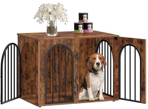 Hzuaneri 80cm Cage pour Chiens, Table d'Appoint, Niche Moderne pour Chiens Intérieur, Cage pour Chiots, Maisonnette pour Animaux, 3 Portes, Porte arquée, 80 x 56 x 61 cm, Marron Rustique DFC85101B