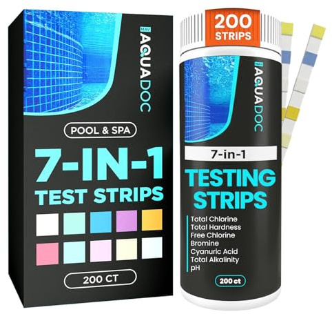 AquaDoc 7-in-1 Spa & Hot Tub Test Strips - 200 Pool Test Strips for pH, Chlorine, Hardness, Bromine, Cyanuric Acid, Alkalinity