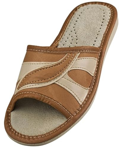APREGGIO Zapatillas de casa para mujer, sandalias, marrón-beige - cuero, abiertas - suela antideslizante - cómodas, talla 37
