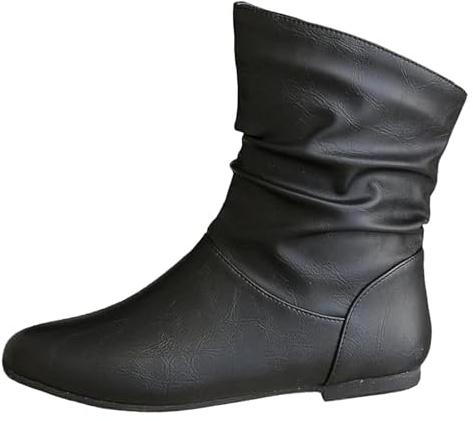 VBEDKDEB Botines mujer botas tobillo mujer moda puntiaguda punta plana manga corta pliegues apilados planos cien botines clásicos de plataforma mujer, Negro , 39 EU