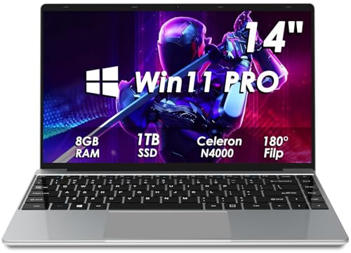 Kayoote Ordinateur Portable de 14 avec Win 11 Pro, processeur Celeron N4000 (jusqu'à 2,6 GHz) 8 Go de RAM DDR4 1 to SSD, écran HD, USB 3.0, HDMI, Ordinateur Portable Portable pour Entreprise