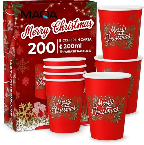 MAQA - Lot de 200 verres en papier pour eau de Noël - Merry Christmas - 200 ml, biodégradables et compostables – Verres en papier jetables éco-friendly pour boissons chaudes et froides – Idéal pour