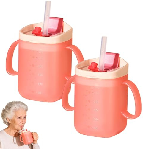 Foreverup 2PCS Elderly Spill Proof Cups, 280ml Unspillable Cup with 2 Handles, Adult Feeding Cup with Lid and Straw, Elderly Drinking Cup with Accurate Scale for the Elderly, Disabled Patients