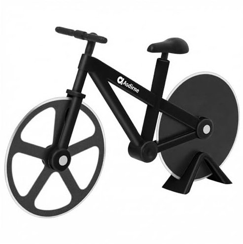 Cykel pizzaskärare – rolig pizzaskärare hjul med stativ, livsmedelssäkert rostfritt stål, nyhet köksgåva för pizzaälskare, 19 cm, svart