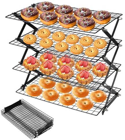 Kakgaller i 4 våningar, kylgaller, non-stick kylgaller, stapelbart, kakgaller, rektangulärt, vikbar, återanvändbar stapelbar kylhylla av järn för stekning, bakning, grillning, kylning (B)