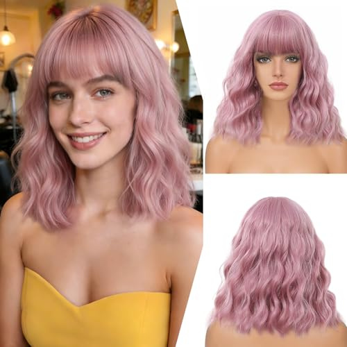 HIVTE Peluca Sintética Rosa con Flequillo, 12 Pulgadas Water Wave Bob Peluca para Mujer, Diario y Cosplay