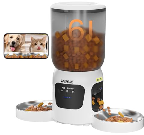 Futterautomat für 2 Katzen mit 1080P Kamera & Doppel-Napf, 6L Automatischer Futterspender WLAN für Hunde & Katzen, App-Steuerung,zur Interaktion mit Haustieren, 15 Mahlzeiten am Tag (Dual Bowl)
