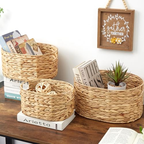 Vagusicc Wicker Basket, Set of 3 Woven Wicker Storage Baskets with Handles, Round Water Hyacinth Storage Boxes Bin Organizer for Bathroom Shelves Closet Bedroom, Natural