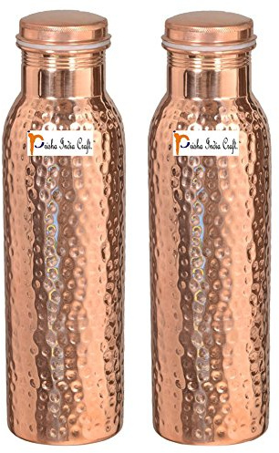 Set von 2 – Reines Kupfer Yoga Wasserflasche oder Thermoskanne mit 99.5% purity- handgefertigt, Yoga & Travel von Prisha Indien Craft, Copper Hammered Bottle 900 ML
