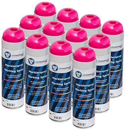 Markierungsspray leuchtend pink clickandtools® 12'er Pack mit Spezialsprühkopf, schnell trocknend