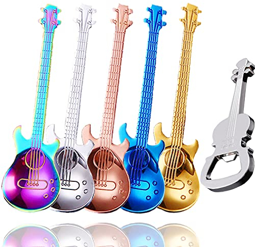 Guitar Spoons Coffee Teaspoon, ESRISE Stainless Steel Musical Coffee Gifts for Men, Cute Tea Spoons for Christmas Gifts Birthday(Multi-6 with Opener)