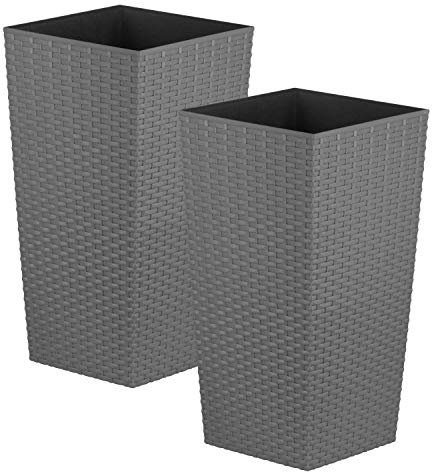 CrazyGadget Tall Square Plastic Rattan Indoor/Outdoor Planters, Set of 2, Grey, 12 Litre
