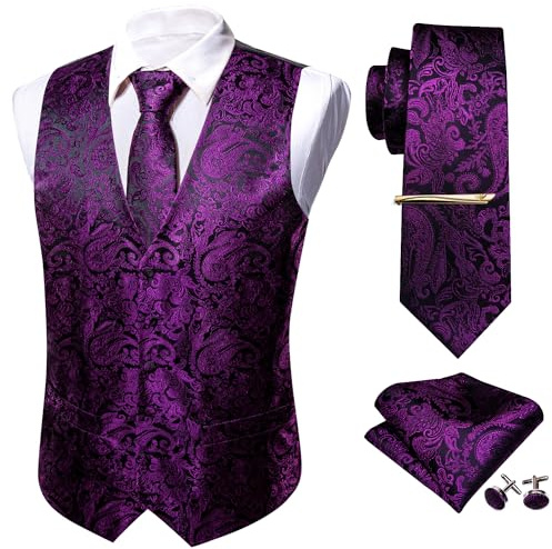 Barry.Wang Ensemble de gilet formel pour homme motif paisley cravate mouchoir boutons de manchette pince costume gilet designer 5 pièces, violet foncé, XL