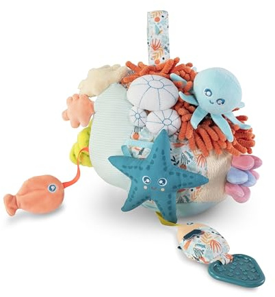 Miniland Peluche Sensorial para Bebé, Centro de Actividades Montessor, Estimulación Sensorial con Texturas, Mordedor, Sonajero Extraíble y Sonidos para Desarrollo Infantil | Sensorial Reef