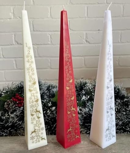 Luxuriöse Adventskerze in Rot, Elfenbein oder Weiß, hohe 31,5 cm große Pyramidenkerze, quadratisch, kegelförmig, mit Countdown bis Weihnachten (rot)
