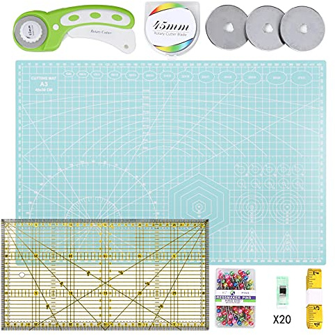 INTLMATE A3 Schneidematten-Set, Stoffschneider-Werkzeug-Set inkl. 43.2 cm selbstheilender Schneidematte, 45 mm Rollschneider mit 3 Ersatzklingen, Acryl-Quilt-Lineal, 20 Clips, 100 Nadeln