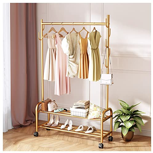 QWERTYUKJ Mobiler Kleiderständer Mit Rollen Robuste Kleiderstange Strapazierfähiger Kleiderständer Aus Metall Freistehender Kleiderbügel Mit 2 Etagen Untere Regale (Color : Gold, Size : 60 cm)